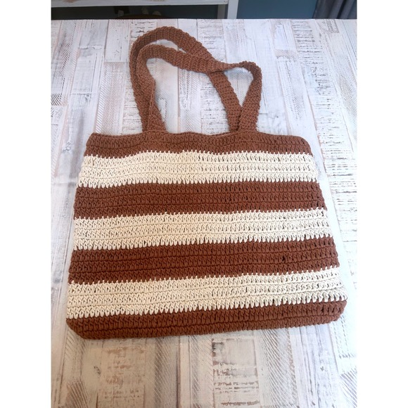 Striped Crochet Tote Bag Brown‎ Cream Casual Beach Shoulder Bag - Picture 3 of 7